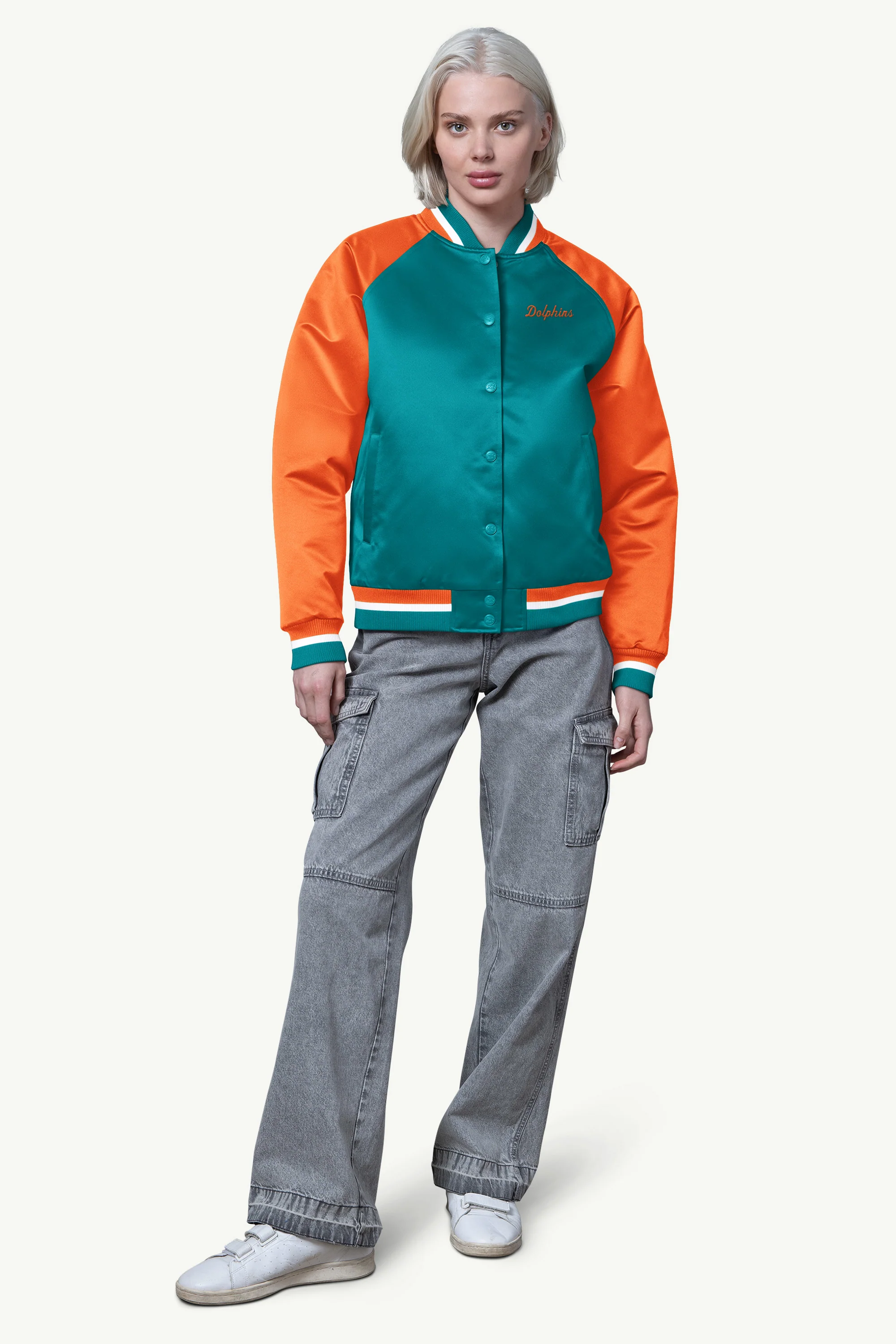 WOMENS MIAMI DOLPHINS FINAL SCORE SATIN VARSITY JACKET - Image 3