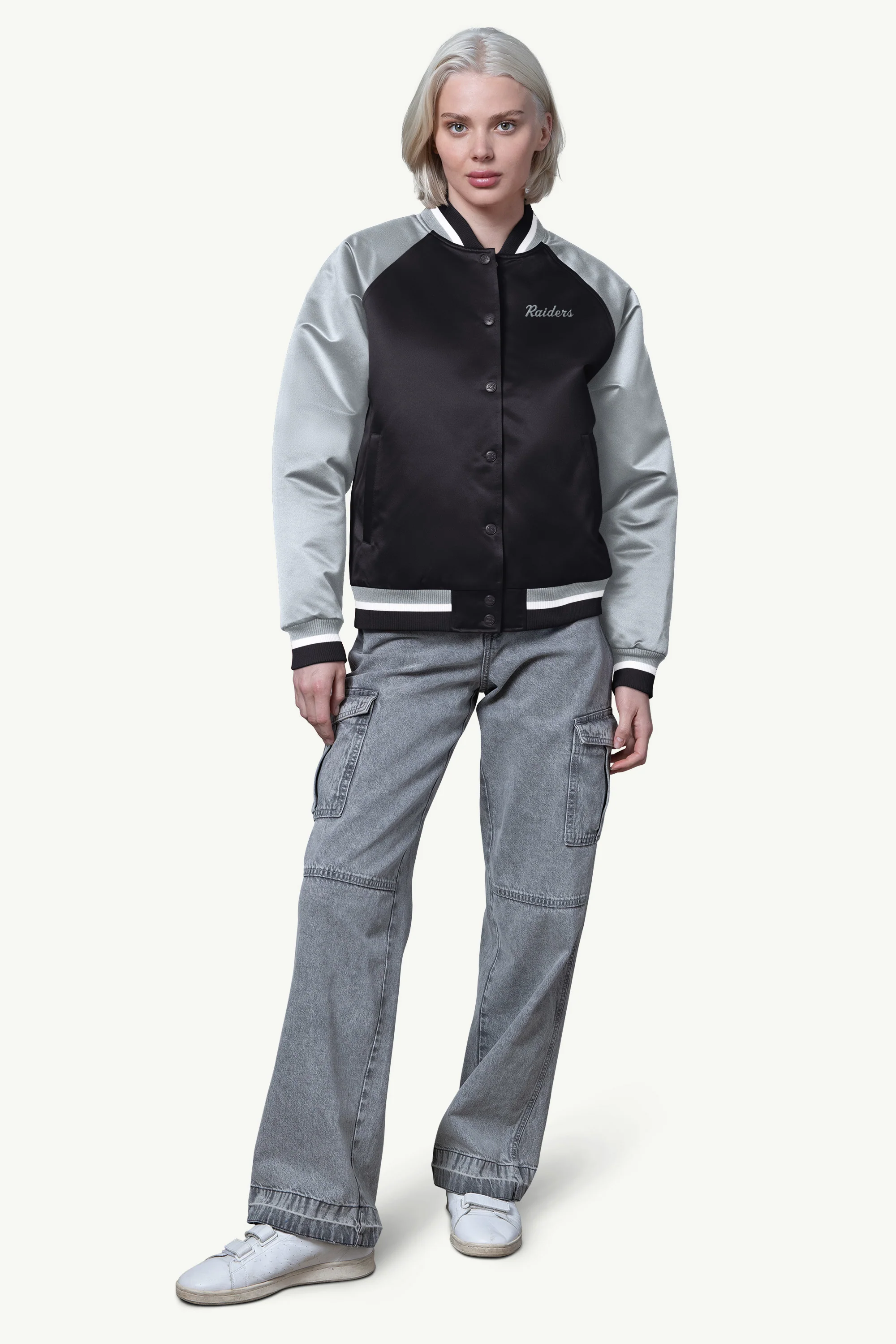 WOMENS LAS VEGAS RAIDERS FINAL SCORE SATIN VARSITY JACKET - Image 3