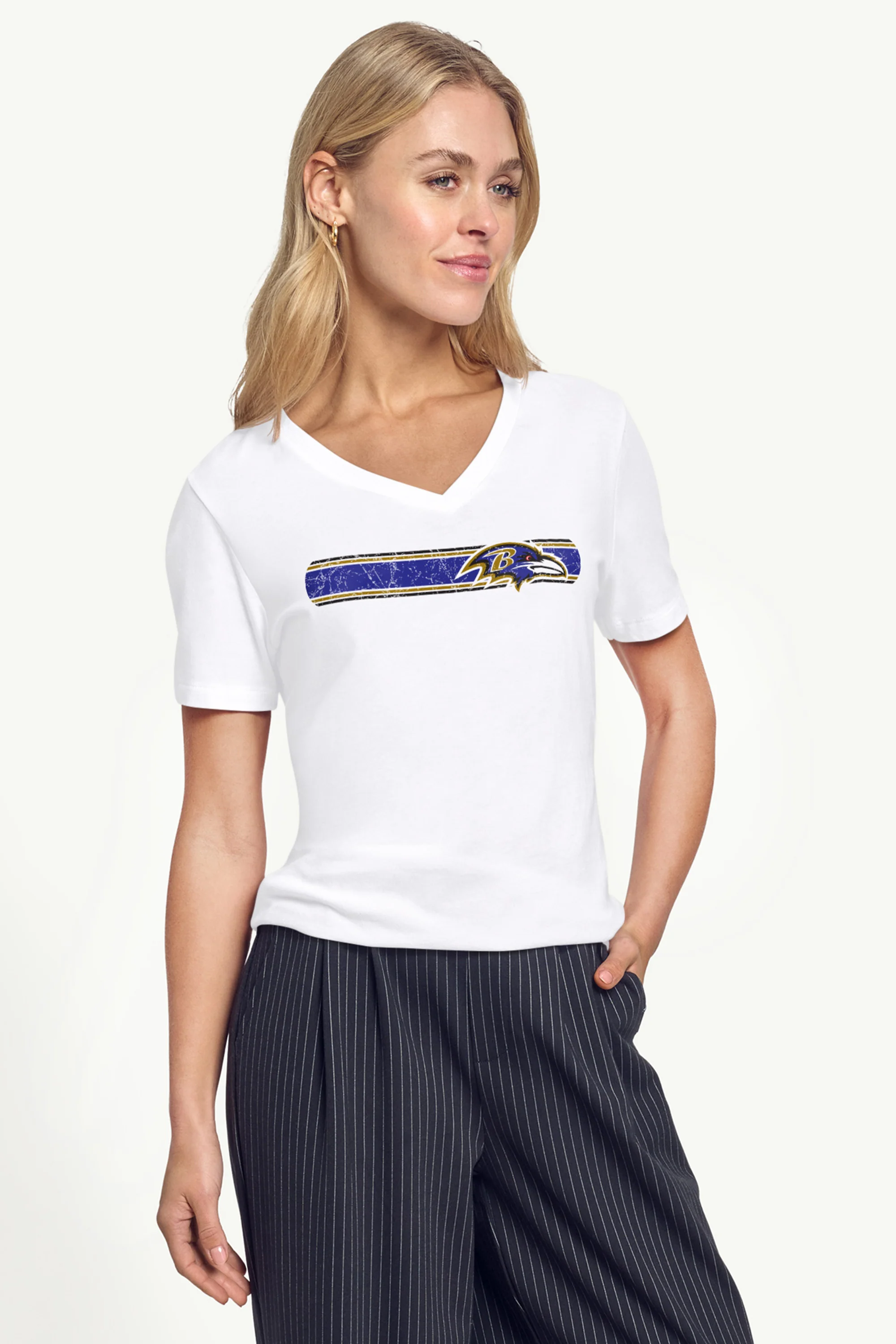 WOMENS BALTIMORE RAVENS STRIPE V-NECK T SHIRT - Image 2