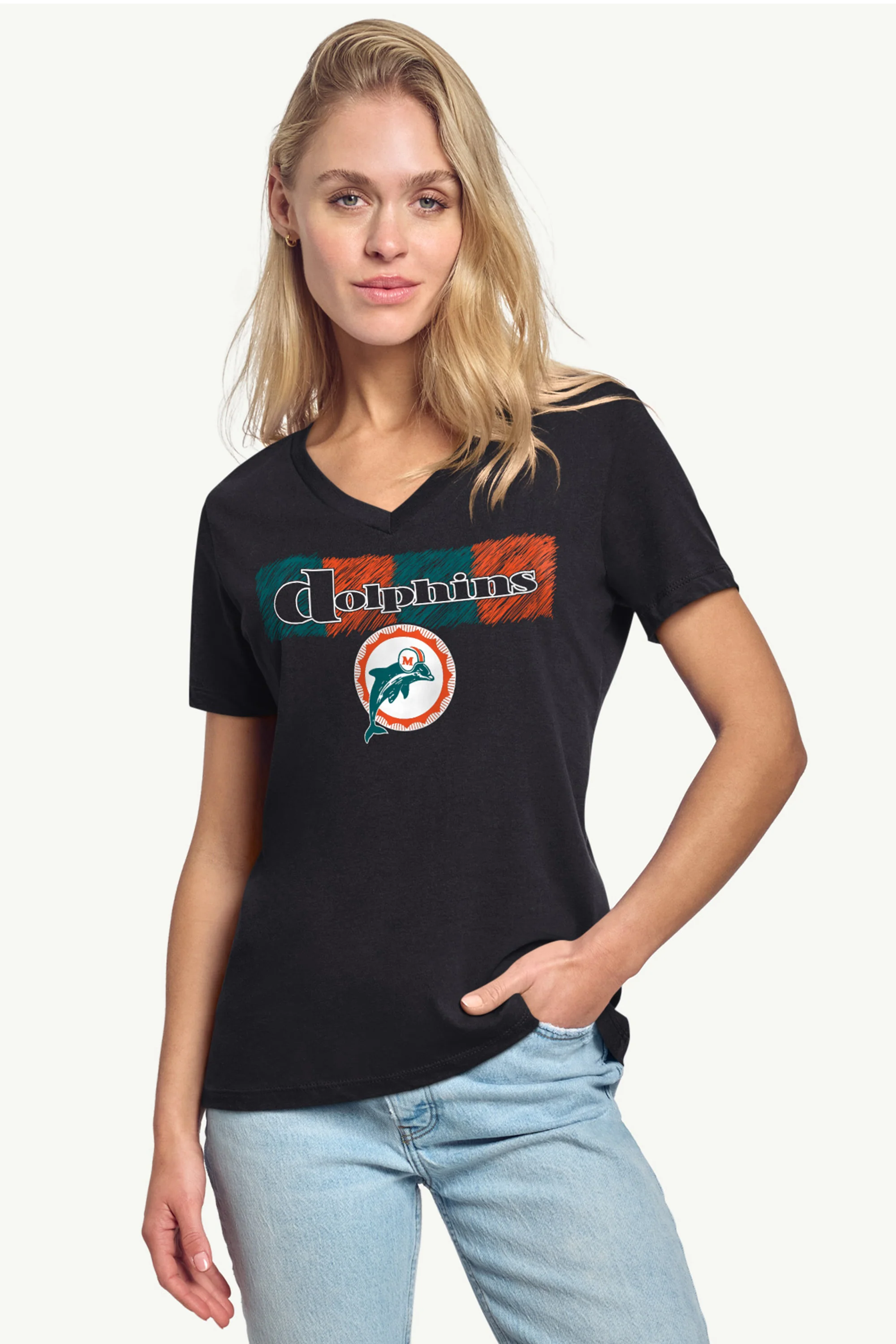 WOMENS MIAMI DOLPHINS COLOR SHADING V-NECK T SHIRT - Image 2